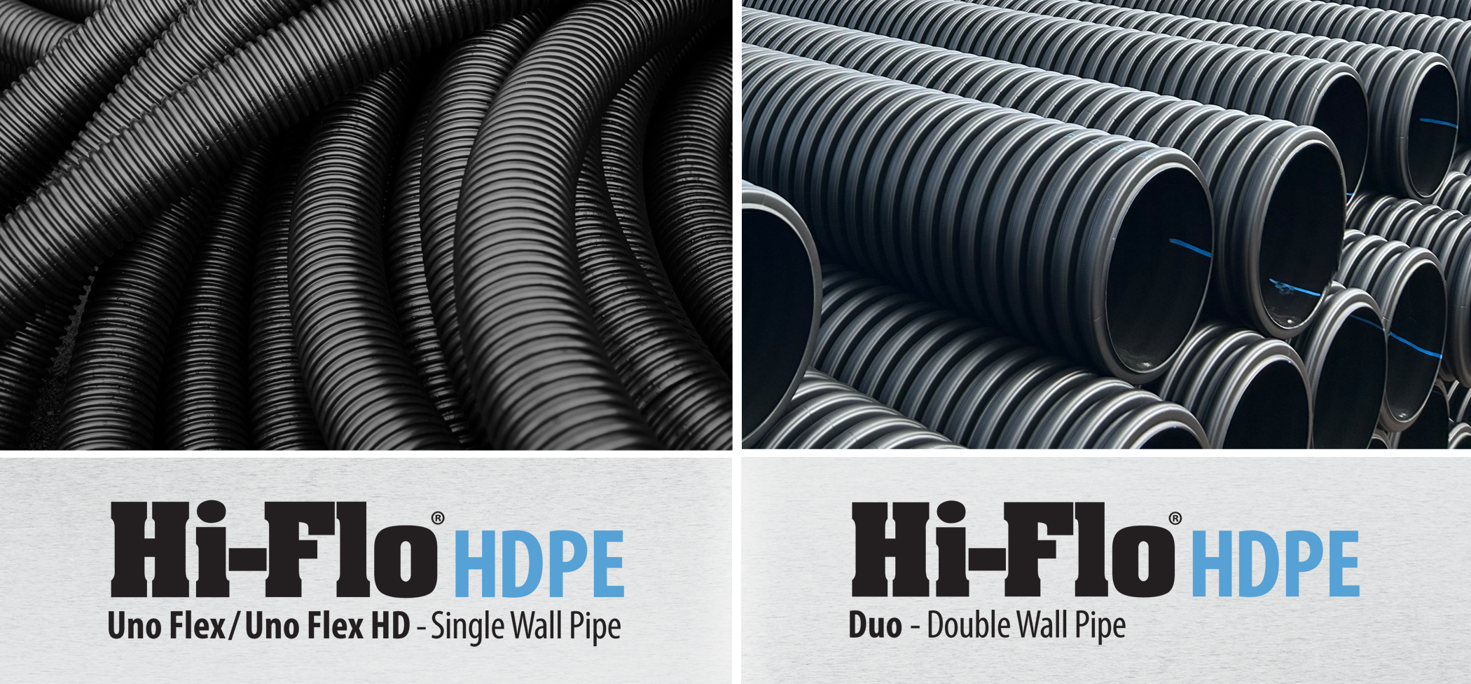 Views of HDPE Uno and Duo wall drainage pipes