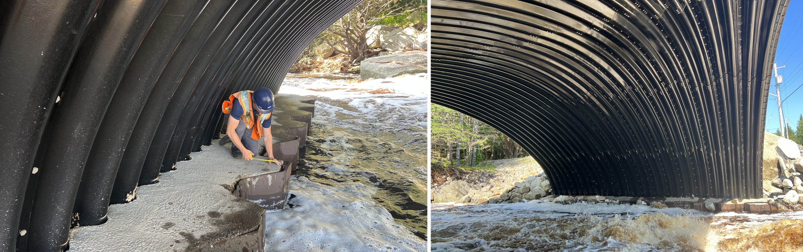 Views of Buried Metal Bridge capped cofferdams after flood event